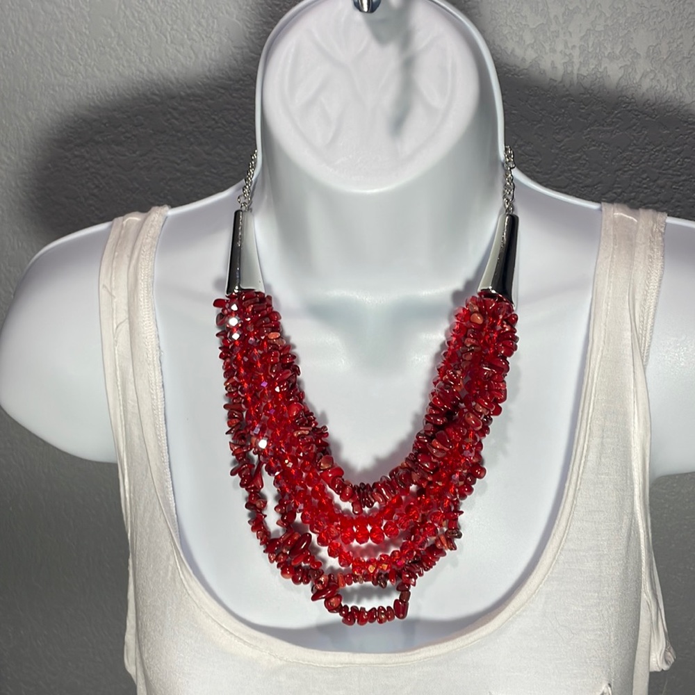 NWT red bead and stone multi strand necklace with matching earring